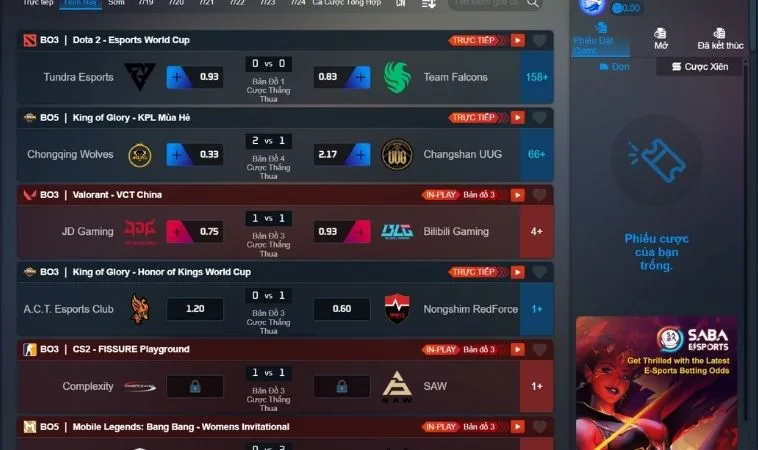 Bảng kèo cá cược Thể Thao Điện Tử Tại OnBet