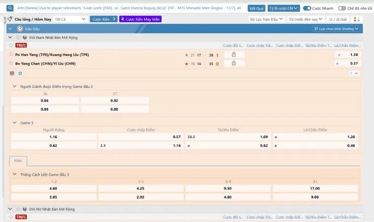 Bảng kèo cá cược Cầu Lông tại OnBet