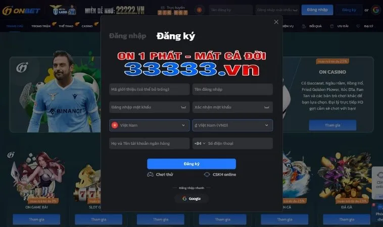 Biểu mẫu Đăng Ký Tài Khoản OnBet
