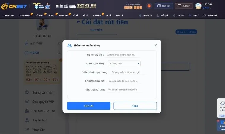 Giao diện rút tiền OnBet
